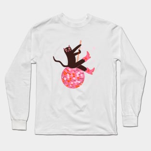 Yeehaw! Lets Party! Cute Cat in cowboy boots riding disco ball illustration Long Sleeve T-Shirt